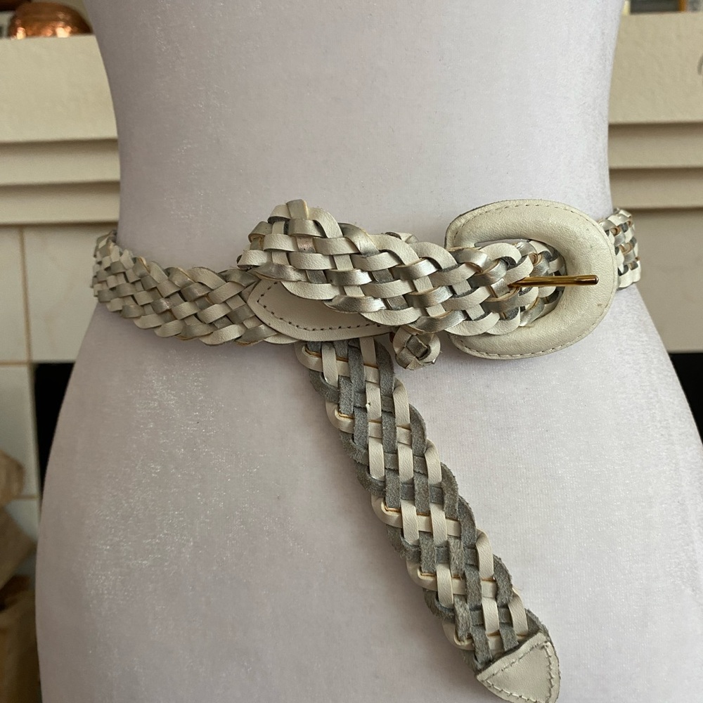 Women’s Genuine Leather Braided Belt, White and Silver, size 32/Med